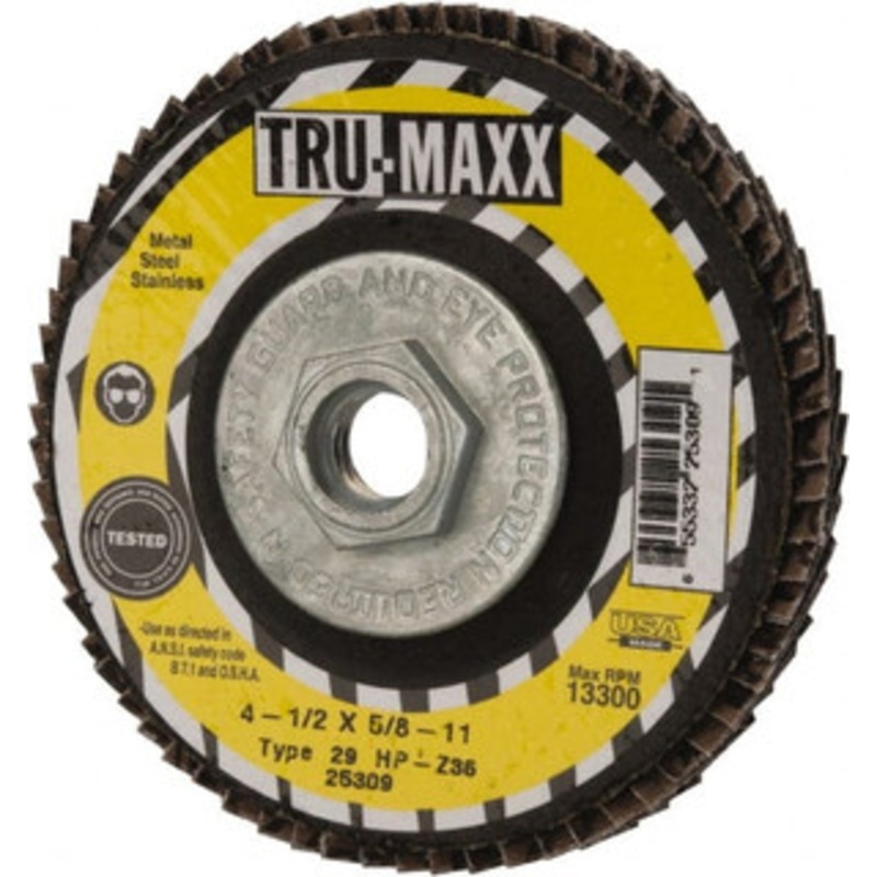 Tru-Maxx 4-1/2 36 Grit 5/8-11 Center Hole Type 29 Zirconia Alumina Flap Disc Very Coarse Grade, Coated, Arbor Attachment, 13,300 RPM 25309 – 73224974