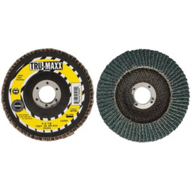 Tru-Maxx 5 24 Grit 7/8 Center Hole Type 29 Zirconia Alumina Flap Disc Very Coarse Grade, Coated, Arbor Attachment, 12,200 RPM 25255 – 40140501