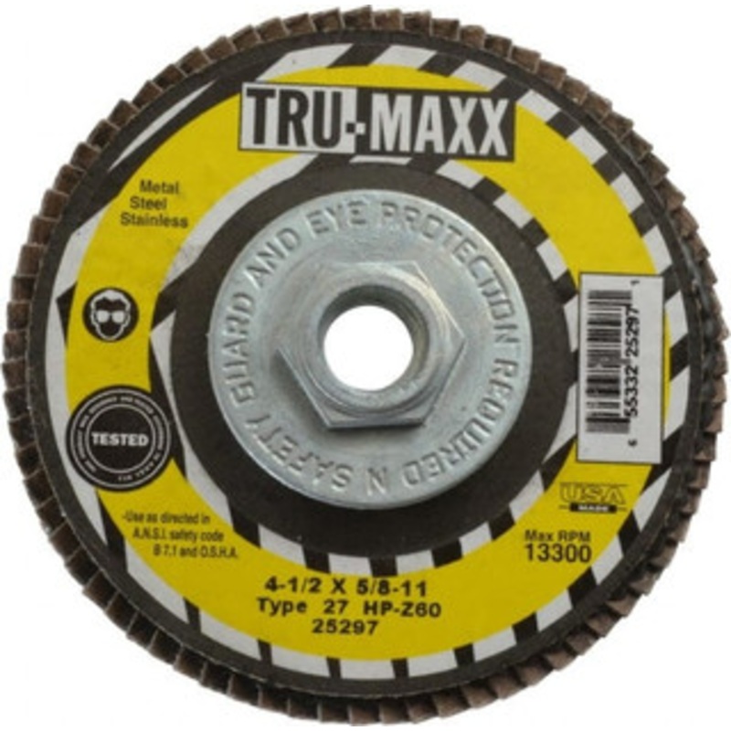 Tru-Maxx 4-1/2 60 Grit 5/8-11 Center Hole Type 27 Zirconia Alumina Flap Disc Medium Grade, Coated, Arbor Attachment, 13,300 RPM 25297 – 06379341