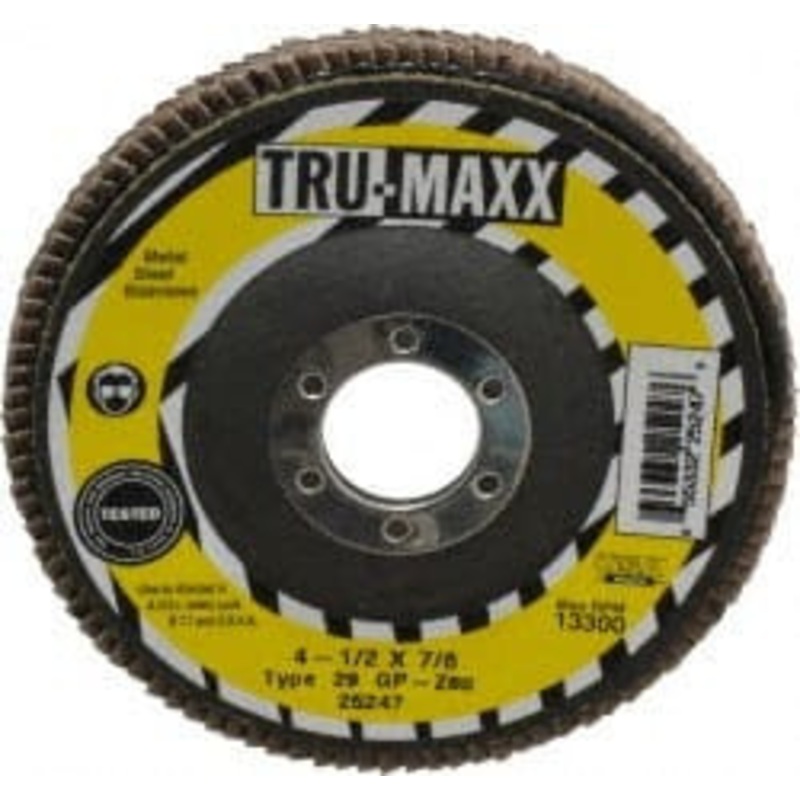 Tru-Maxx 4-1/2 80 Grit 7/8 Center Hole Type 29 Zirconia Alumina Flap Disc Medium Grade, Coated, Arbor Attachment, 13,300 RPM 25247 – 86779493