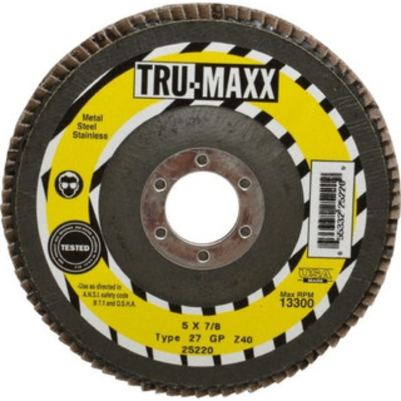 Tru-Maxx 5 40 Grit 7/8 Center Hole Type 27 Zirconia Alumina Flap Disc Coarse Grade, Coated, Arbor Attachment, 12,200 RPM 25220 – 86779220