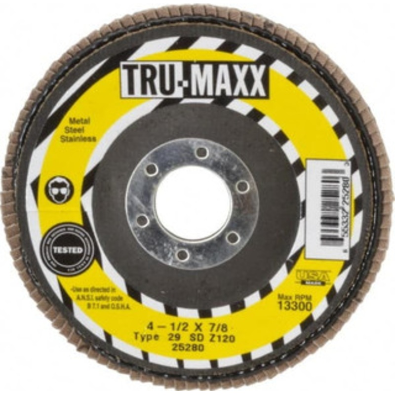 Tru-Maxx 4-1/2 120 Grit 7/8 Center Hole Type 29 Zirconia Alumina Flap Disc Fine Grade, Coated, Arbor Attachment, 13,300 RPM 25280 – 86779832