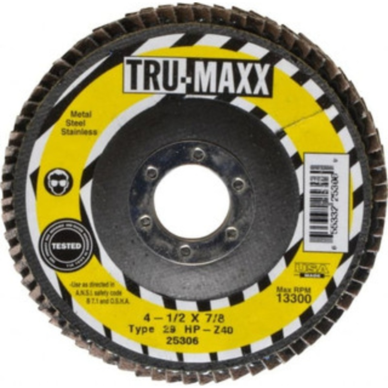 Tru-Maxx 4-1/2 40 Grit 7/8 Center Hole Type 29 Zirconia Alumina Flap Disc Coarse Grade, Coated, Arbor Attachment, 13,300 RPM 25306 – 73224941