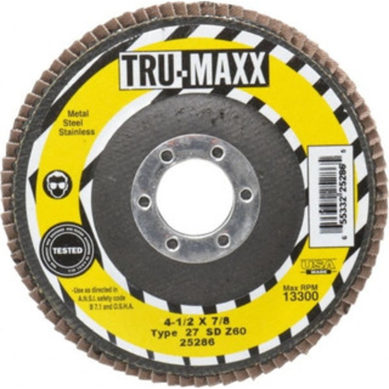 Tru-Maxx 4-1/2 60 Grit 7/8 Center Hole Type 27 Zirconia Alumina Flap Disc Medium Grade, Coated, Arbor Attachment, 13,300 RPM 25286 – 86779899