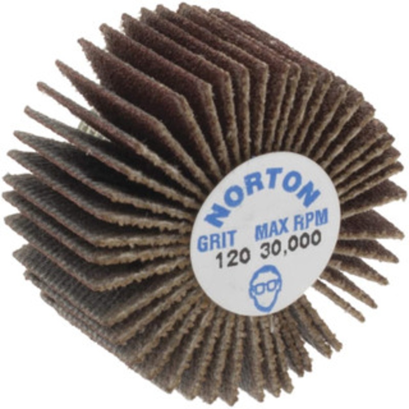 Norton 1 Diam x 5/8 Face Width, Fine Aluminum Oxide Coated Mounted Flap Wheel 1/4-20 Threaded Mount, 120 Grit, Cloth Backing, 30,000 Max RPM 63642502626 – 05097902