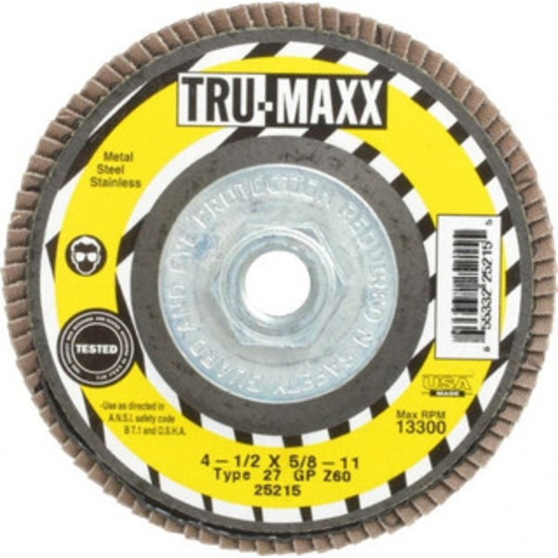 Tru-Maxx 4-1/2 60 Grit 5/8-11 Center Hole Type 27 Zirconia Alumina Flap Disc Medium Grade, Coated, Arbor Attachment, 13,300 RPM 25215 – 86779170