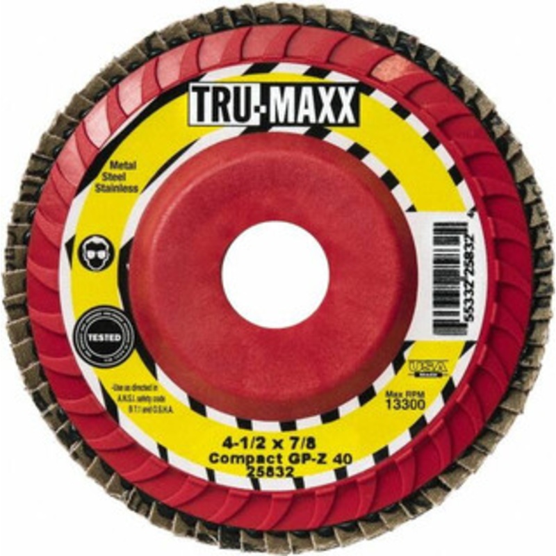 Tru-Maxx 4-1/2 60 Grit 5/8-11 Center Hole Compact Ceramic Flap Disc Medium Grade, Coated, Arbor Attachment, Polyester Backing, 13,300 RPM 25344 – 61161329