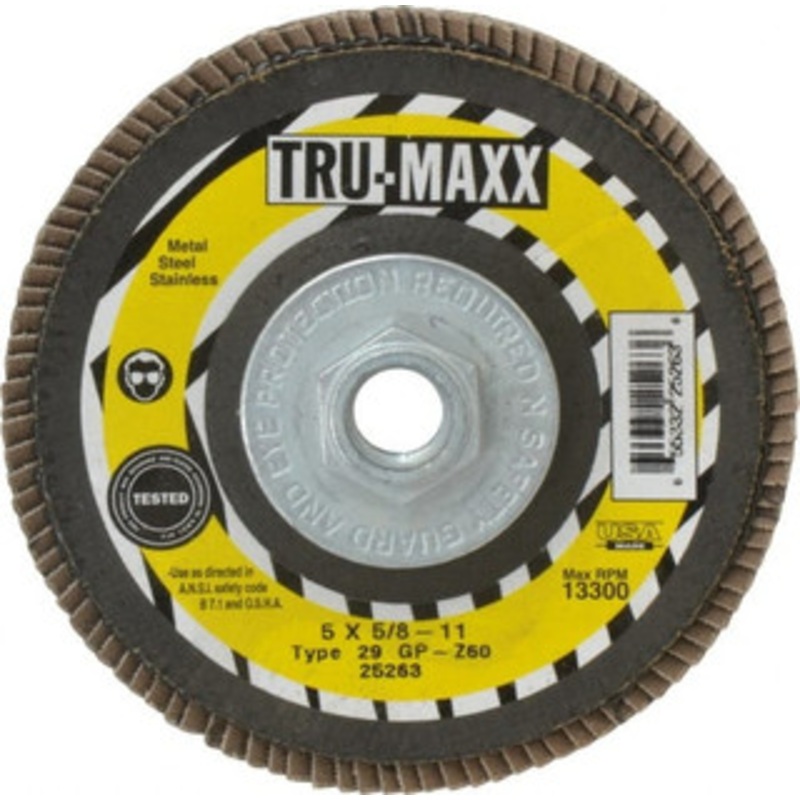 Tru-Maxx 5 60 Grit 5/8-11 Center Hole Type 29 Zirconia Alumina Flap Disc Medium Grade, Coated, Arbor Attachment, 12,200 RPM 25263 – 86779667