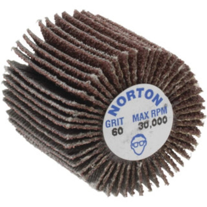 Norton 1 Diam x 1 Face Width, Medium Aluminum Oxide Coated Mounted Flap Wheel 1/4-20 Threaded Mount, 60 Grit, Cloth Backing, 30,000 Max RPM 63642502628 – 05099841