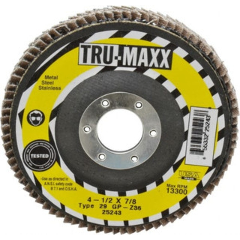Tru-Maxx 4-1/2 36 Grit 7/8 Center Hole Type 29 Zirconia Alumina Flap Disc Very Coarse Grade, Coated, Arbor Attachment, 13,300 RPM 25243 – 86779451