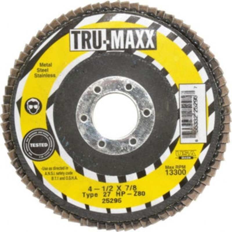 Tru-Maxx 4-1/2 80 Grit 7/8 Center Hole Type 27 Zirconia Alumina Flap Disc Medium Grade, Coated, Arbor Attachment, 13,300 RPM 25295 – 06379325