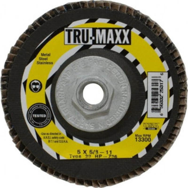 Tru-Maxx 5 36 Grit 5/8-11 Center Hole Type 29 Zirconia Alumina Flap Disc Very Coarse Grade, Coated, Arbor Attachment, 12,200 RPM 25317 – 73225054