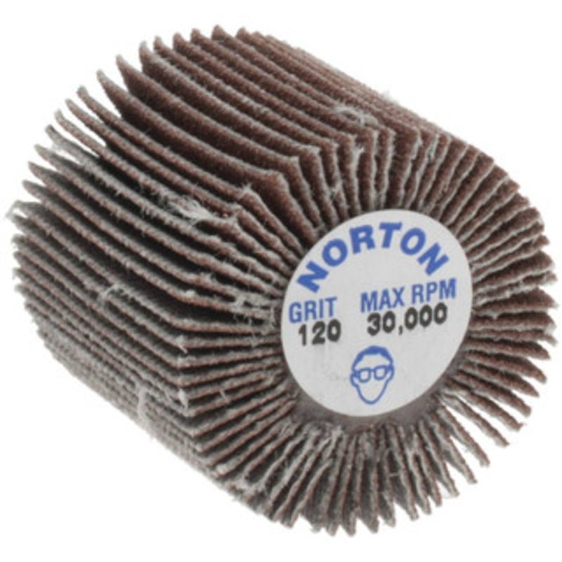 Norton 1 Diam x 1 Face Width, Fine Aluminum Oxide Coated Mounted Flap Wheel 1/4-20 Threaded Mount, 120 Grit, Cloth Backing, 30,000 Max RPM 63642502630 – 05099833
