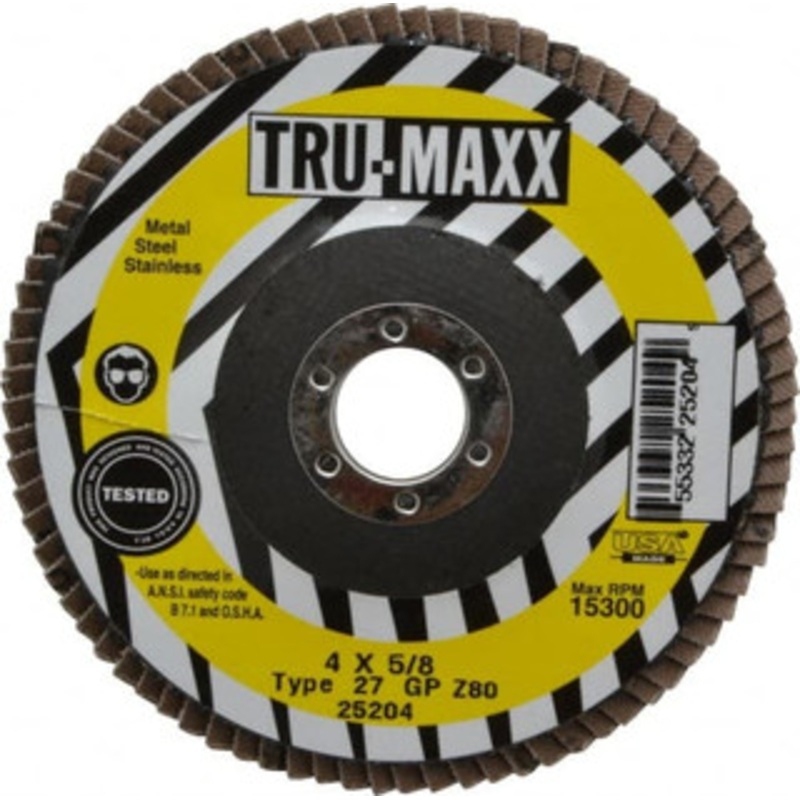 Tru-Maxx 4 80 Grit 5/8 Center Hole Type 27 Zirconia Alumina Flap Disc Medium Grade, Coated, Arbor Attachment, 15,300 RPM 25204 – 86779063