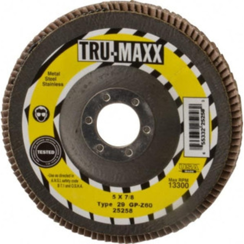 Tru-Maxx 5 60 Grit 7/8 Center Hole Type 29 Zirconia Alumina Flap Disc Medium Grade, Coated, Arbor Attachment, 12,200 RPM 25258 – 86779618