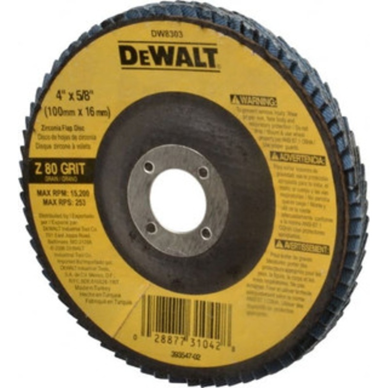 DeWALT 4 80 Grit 5/8 Center Hole Type 27 Zirconia Alumina Flap Disc Medium Grade, Coated, Arbor Attachment, Fiberglass Backing, 15,200 RPM DW8303 – 73201246