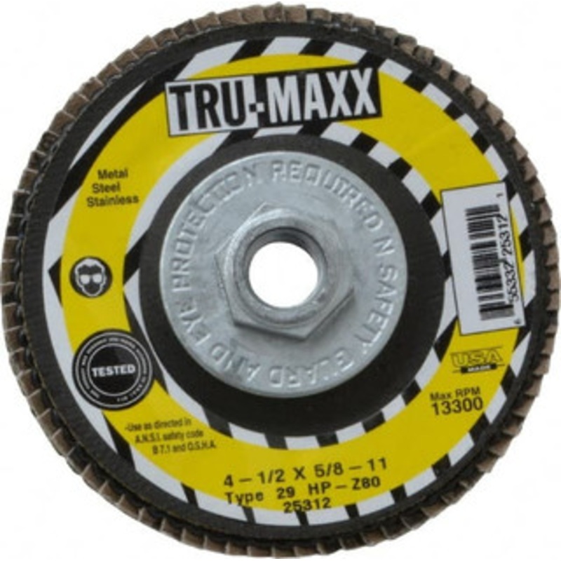 Tru-Maxx 4-1/2 80 Grit 5/8-11 Center Hole Type 29 Zirconia Alumina Flap Disc Medium Grade, Coated, Arbor Attachment, 13,300 RPM 25312 – 73225005