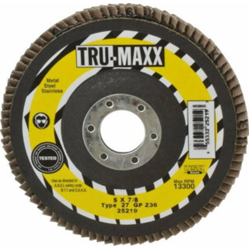 Tru-Maxx 5 36 Grit 7/8 Center Hole Type 27 Zirconia Alumina Flap Disc Very Coarse Grade, Coated, Arbor Attachment, 12,200 RPM 25219 – 86779212