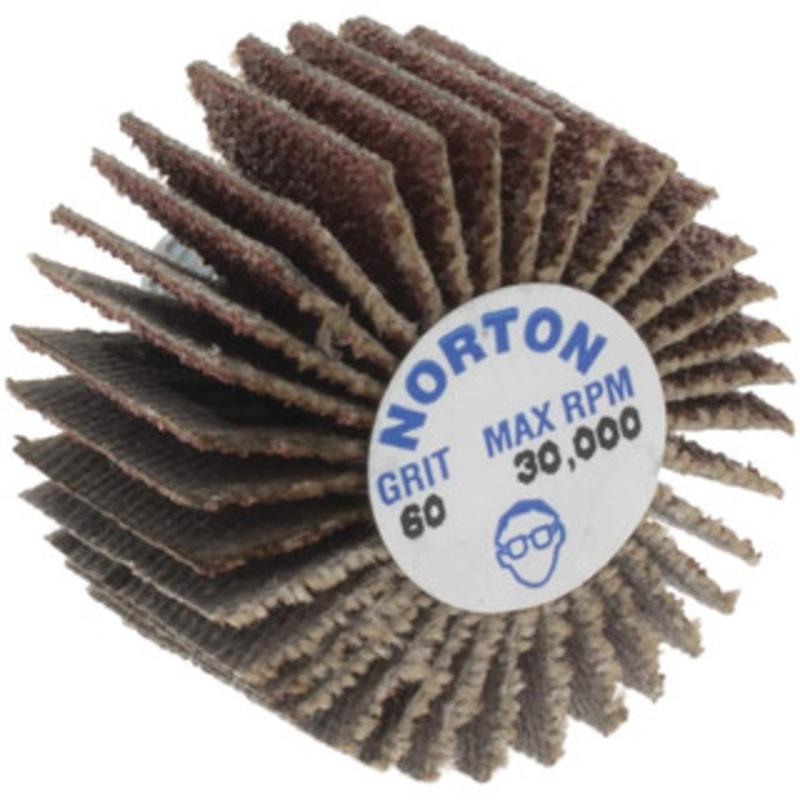 Norton 1 Diam x 5/8 Face Width, Medium Aluminum Oxide Coated Mounted Flap Wheel 1/4-20 Threaded Mount, 60 Grit, Cloth Backing, 30,000 Max RPM 63642502624 – 05097944