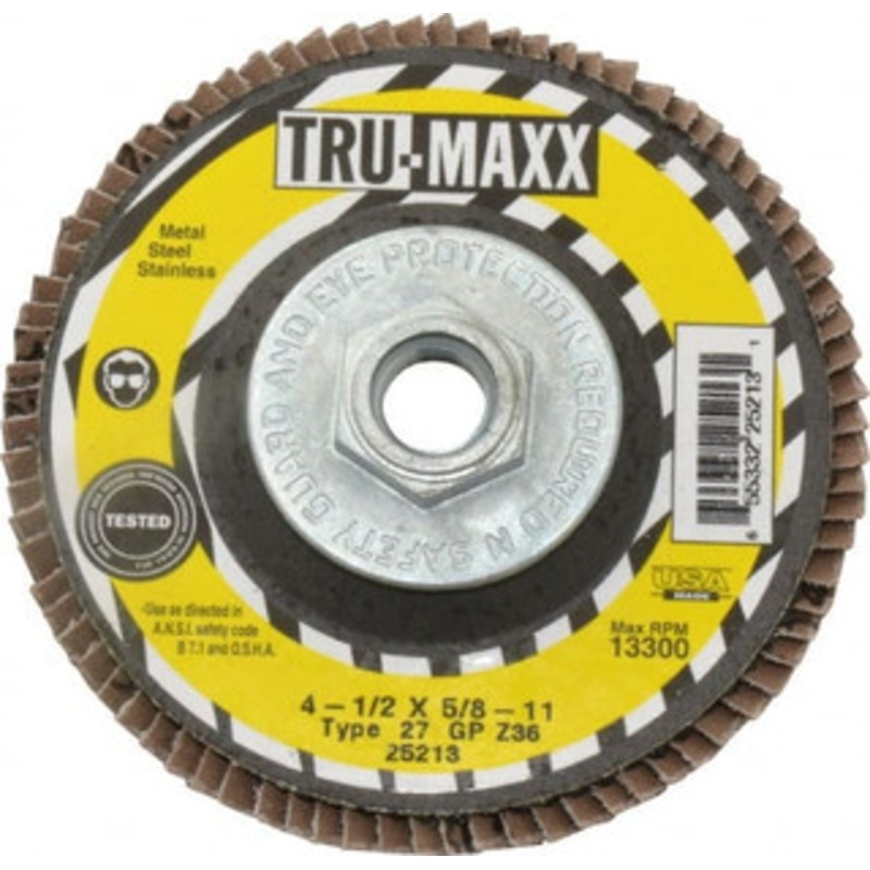 Tru-Maxx 4-1/2 36 Grit 5/8-11 Center Hole Type 27 Zirconia Alumina Flap Disc Very Coarse Grade, Coated, Arbor Attachment, 13,300 RPM 25213 – 86779154