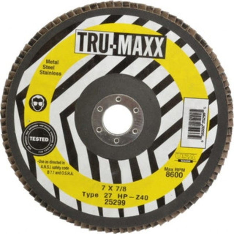 Tru-Maxx 7 40 Grit 7/8 Center Hole Type 27 Zirconia Alumina Flap Disc Coarse Grade, Coated, Arbor Attachment, 8,600 RPM 25299 – 06379366