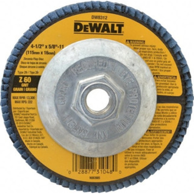 DeWALT 4-1/2 60 Grit 5/8-11 Center Hole Type 29 Zirconia Alumina Flap Disc Medium Grade, Coated, Arbor Attachment, Fiberglass Backing, 13,300 RPM DW8312 – 73201303