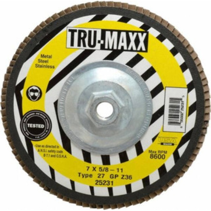 Tru-Maxx 7 36 Grit 5/8-11 Center Hole Type 27 Zirconia Alumina Flap Disc Very Coarse Grade, Coated, Arbor Attachment, 8,600 RPM 25231 – 86779337