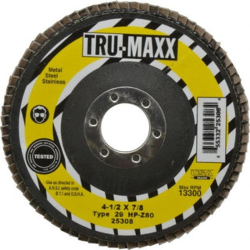Tru-Maxx 4-1/2 80 Grit 7/8 Center Hole Type 29 Zirconia Alumina Flap Disc Medium Grade, Coated, Arbor Attachment, 13,300 RPM 25308 – 73224966