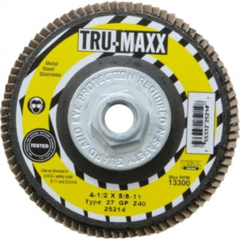 Tru-Maxx 4-1/2 40 Grit 5/8-11 Center Hole Type 27 Zirconia Alumina Flap Disc Coarse Grade, Coated, Arbor Attachment, 13,300 RPM 25214 – 86779162