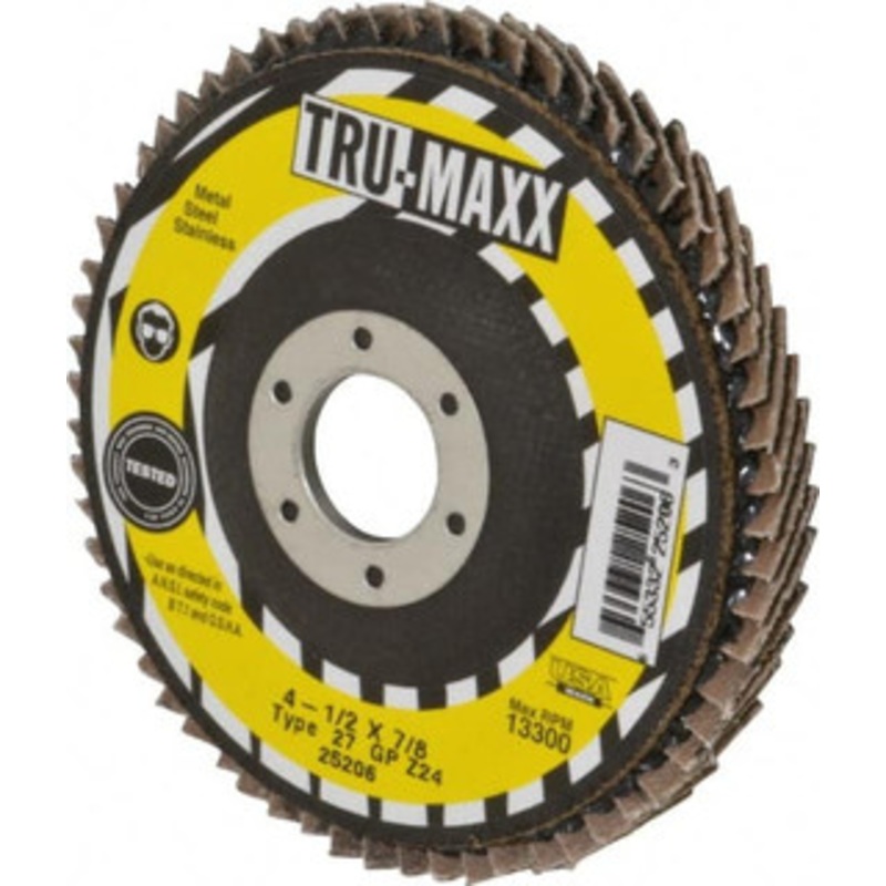 Tru-Maxx 4-1/2 24 Grit 7/8 Center Hole Type 27 Zirconia Alumina Flap Disc Very Coarse Grade, Coated, Arbor Attachment, 13,300 RPM 25206 – 40140238