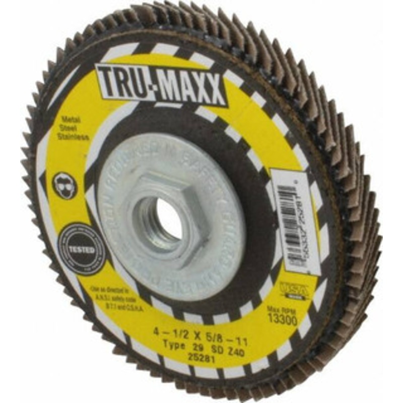 Tru-Maxx 4-1/2 40 Grit 5/8-11 Center Hole Type 29 Zirconia Alumina Flap Disc Coarse Grade, Coated, Arbor Attachment, 13,300 RPM 25281 – 86779840