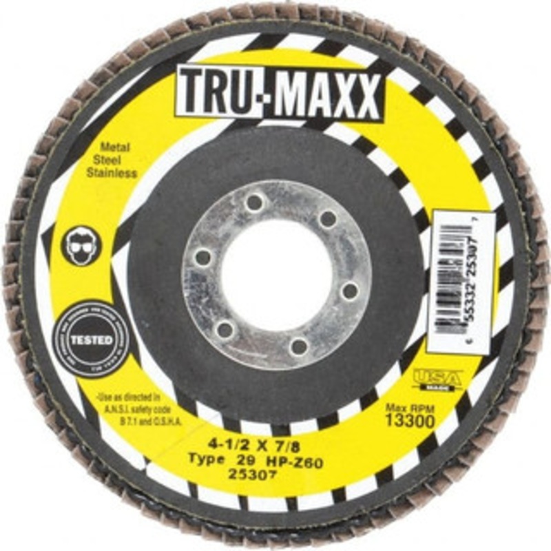 Tru-Maxx 4-1/2 60 Grit 7/8 Center Hole Type 29 Zirconia Alumina Flap Disc Medium Grade, Coated, Arbor Attachment, 13,300 RPM 25307 – 73224958