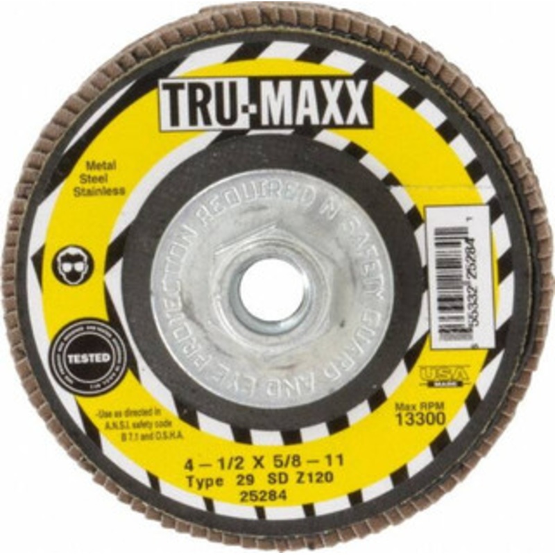 Tru-Maxx 4-1/2 120 Grit 5/8-11 Center Hole Type 29 Zirconia Alumina Flap Disc Fine Grade, Coated, Arbor Attachment, 13,300 RPM 25284 – 86779873