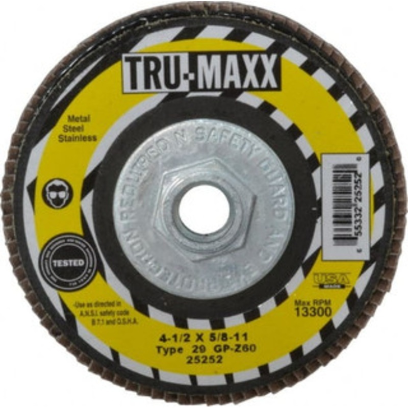 Tru-Maxx 4-1/2 60 Grit 5/8-11 Center Hole Type 29 Zirconia Alumina Flap Disc Medium Grade, Coated, Arbor Attachment, 13,300 RPM 25252 – 86779543