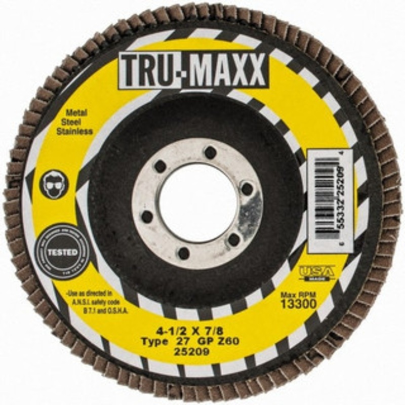Tru-Maxx 4-1/2 60 Grit 7/8 Center Hole Type 27 Zirconia Alumina Flap Disc Medium Grade, Coated, Arbor Attachment, 13,300 RPM 25209 – 86779113