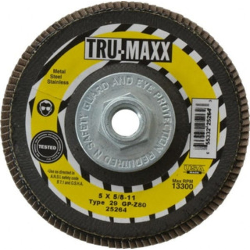 Tru-Maxx 5 80 Grit 5/8-11 Center Hole Type 29 Zirconia Alumina Flap Disc Medium Grade, Coated, Arbor Attachment, 12,200 RPM 25264 – 86779675