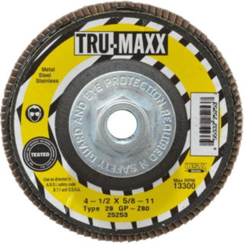 Tru-Maxx 4-1/2 80 Grit 5/8-11 Center Hole Type 29 Zirconia Alumina Flap Disc Medium Grade, Coated, Arbor Attachment, 13,300 RPM 25253 – 86779568