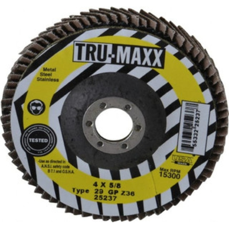 Tru-Maxx 4 36 Grit 5/8 Center Hole Type 29 Zirconia Alumina Flap Disc Very Coarse Grade, Coated, Arbor Attachment, 15,300 RPM 25237 – 86779394