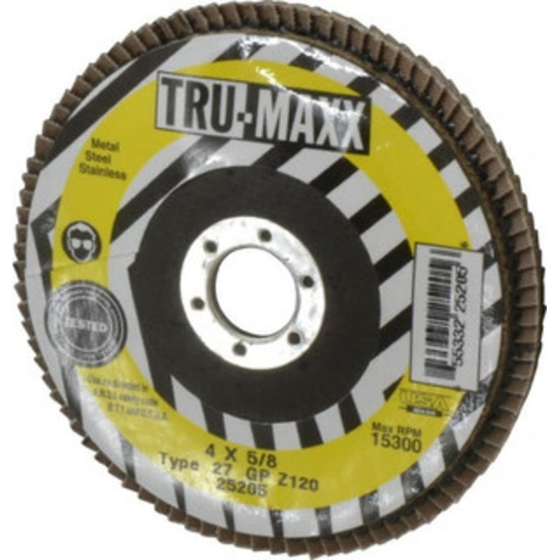 Tru-Maxx 4 120 Grit 5/8 Center Hole Type 27 Zirconia Alumina Flap Disc Fine Grade, Coated, Arbor Attachment, 15,300 RPM 25205 – 86779071