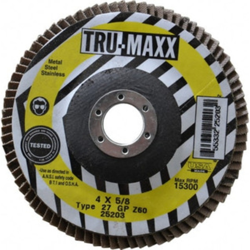 Tru-Maxx 4 60 Grit 5/8 Center Hole Type 27 Zirconia Alumina Flap Disc Medium Grade, Coated, Arbor Attachment, 15,300 RPM 25203 – 86779055