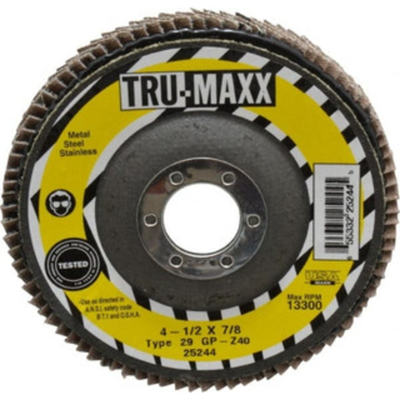 Tru-Maxx 4-1/2 40 Grit 7/8 Center Hole Type 29 Zirconia Alumina Flap Disc Coarse Grade, Coated, Arbor Attachment, 13,300 RPM 25244 – 86779469
