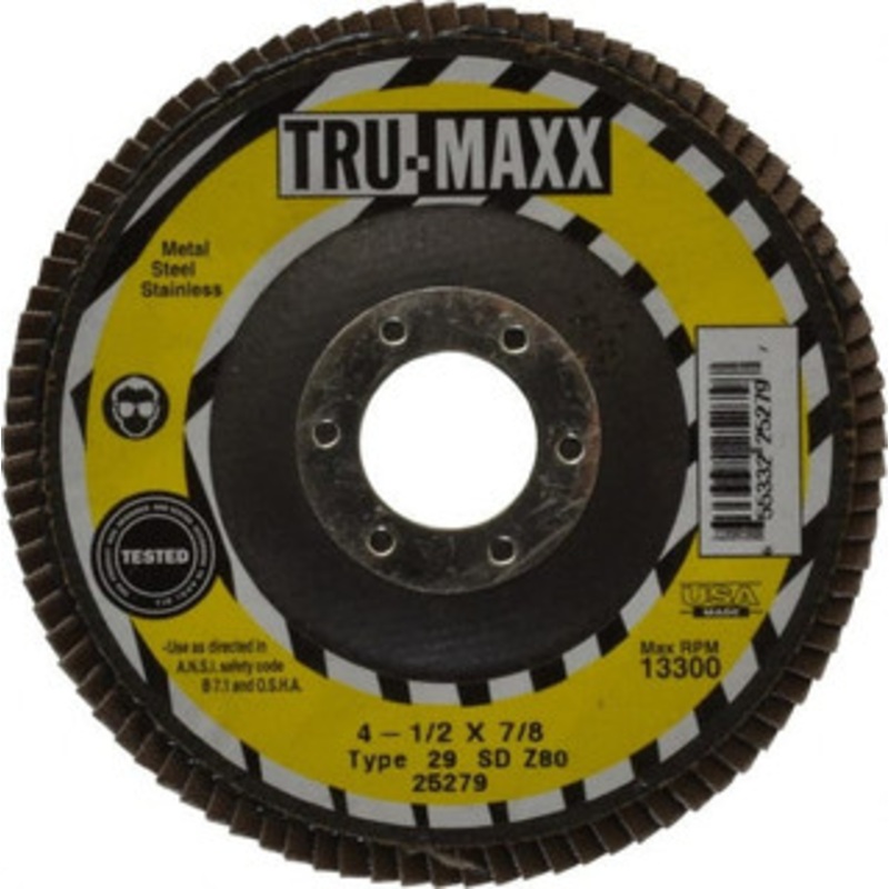 Tru-Maxx 4-1/2 80 Grit 7/8 Center Hole Type 29 Zirconia Alumina Flap Disc Medium Grade, Coated, Arbor Attachment, 13,300 RPM 25279 – 86779824