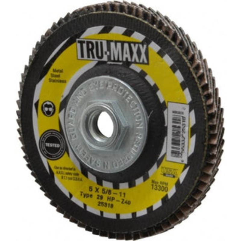 Tru-Maxx 5 40 Grit 5/8-11 Center Hole Type 29 Zirconia Alumina Flap Disc Coarse Grade, Coated, Arbor Attachment, 12,200 RPM 25318 – 73225062