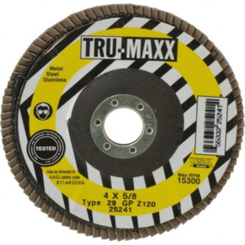 Tru-Maxx 4 120 Grit 5/8 Center Hole Type 29 Zirconia Alumina Flap Disc Fine Grade, Coated, Arbor Attachment, 15,300 RPM 25241 – 86779436