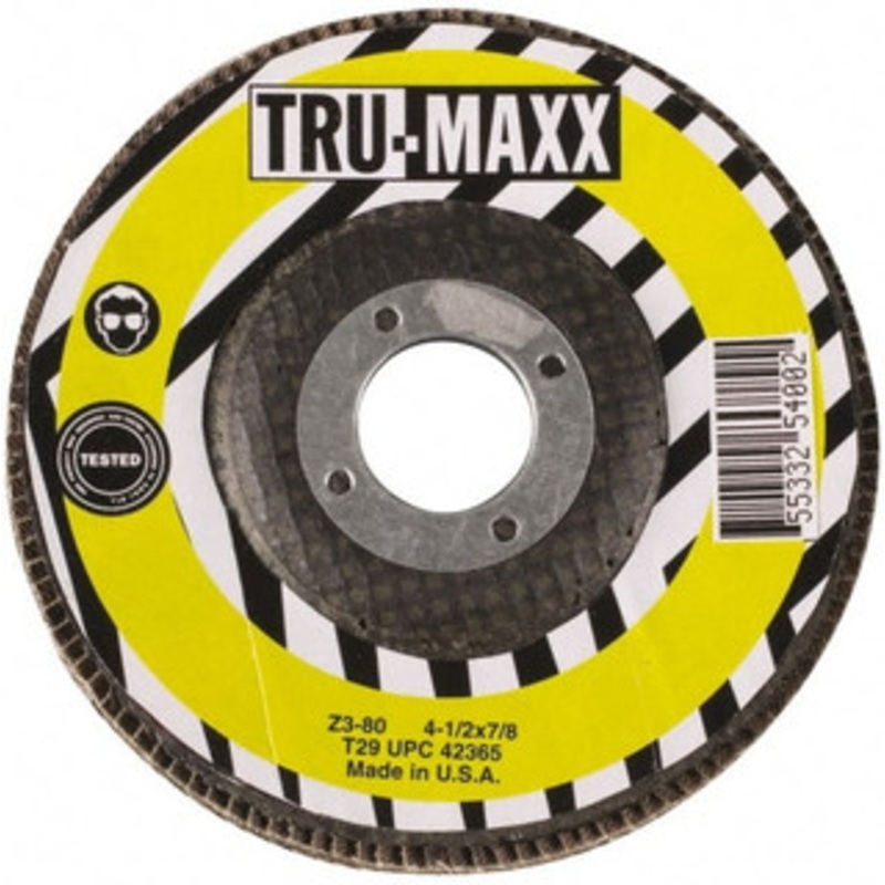 Tru-Maxx 4-1/2 80 Grit 5/8-11 Center Hole Type 27 Zirconia Alumina Flap Disc Medium Grade, Coated, Arbor Attachment, 13,300 RPM 25291 – 86779949