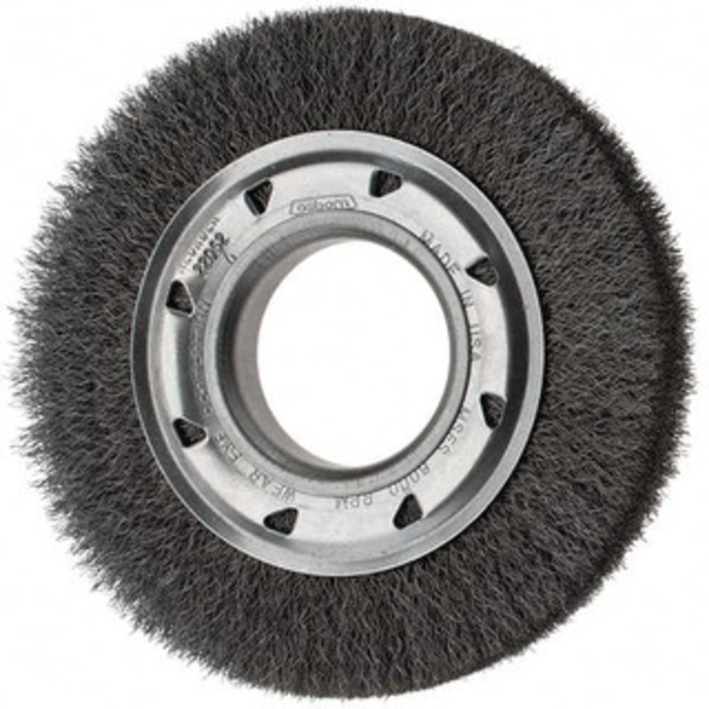 Osborn 6 OD, 2 Arbor Hole, Crimped Steel Wheel Brush 7/8 Face Width, 1 Trim Length, 0.008 Filament Diam, 6,000 RPM 0002206200 – 53492211