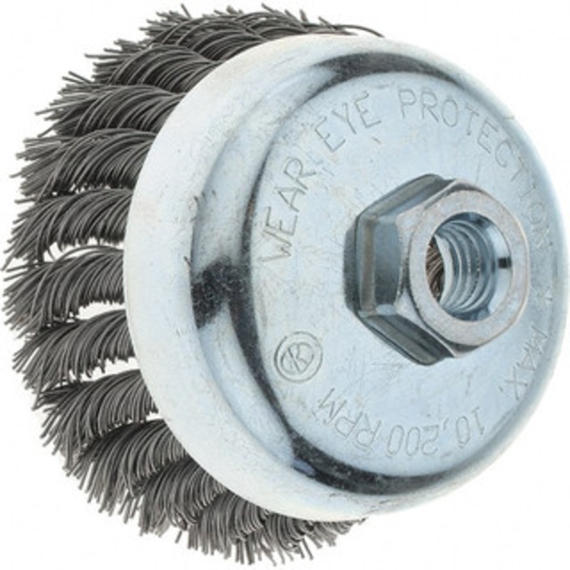 Tru-Maxx 4 Diam 5/8-11 Threaded Arbor Steel Fill Cup Brush Knotted Wire, 0.023 Wire Diam, 1-1/4 Trim, 10,200 Max RPM 88536 – 32246688
