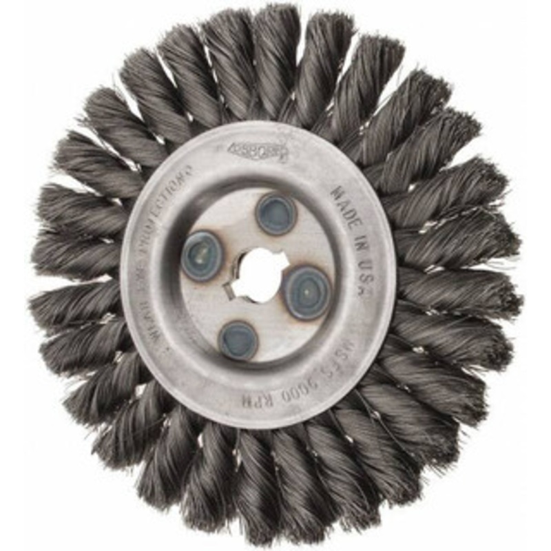 Osborn 6 OD, 5/8 Arbor Hole, Knotted Steel Wheel Brush 5/8 Face Width, 1-1/4 Trim Length, 0.0118 Filament Diam, 9,000 RPM 0002609800 – 53493706