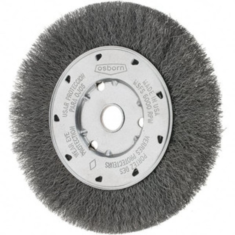 Osborn 6 OD, 5/8 Arbor Hole, Crimped Steel Wheel Brush 5/8 Face Width, 1-1/8 Trim Length, 0.008 Filament Diam, 6,000 RPM 0002158400 – 53491791