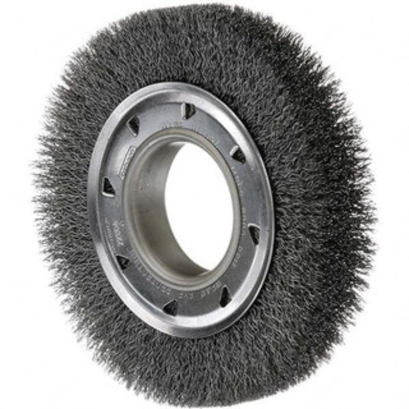 Osborn 6 OD, 2 Arbor Hole, Crimped Steel Wheel Brush 7/8 Face Width, 1 Trim Length, 0.014 Filament Diam, 6,000 RPM 0002206600 – 53492245